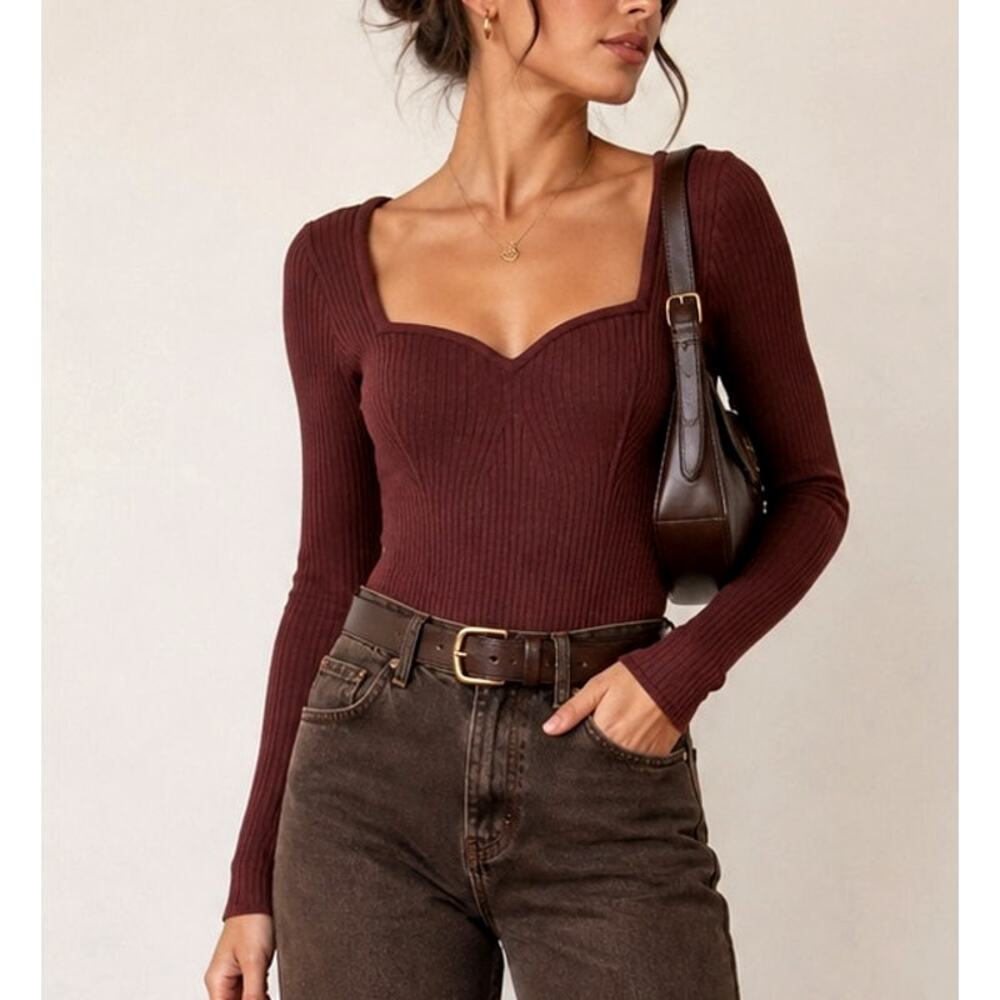 Abercrombie & Fitch Sweetheart Corset Knit Sweater Bodysuit XS Brown Preppy Soft
